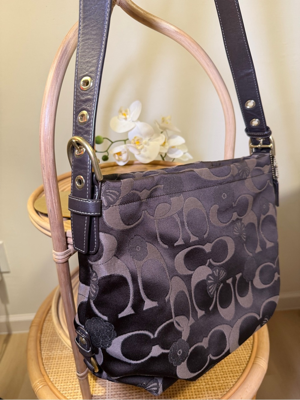 Rare Coach Signature Jacquard Shoulder Bag in Brown flowers butterfly